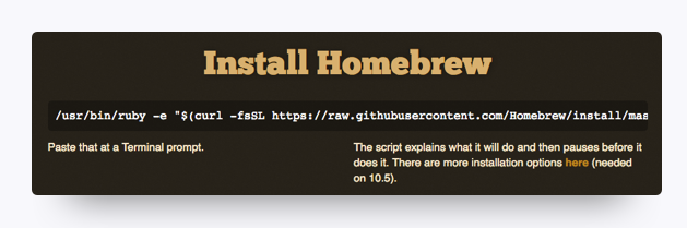 A screenshot displays a line of code under the Install Homebrew heading.