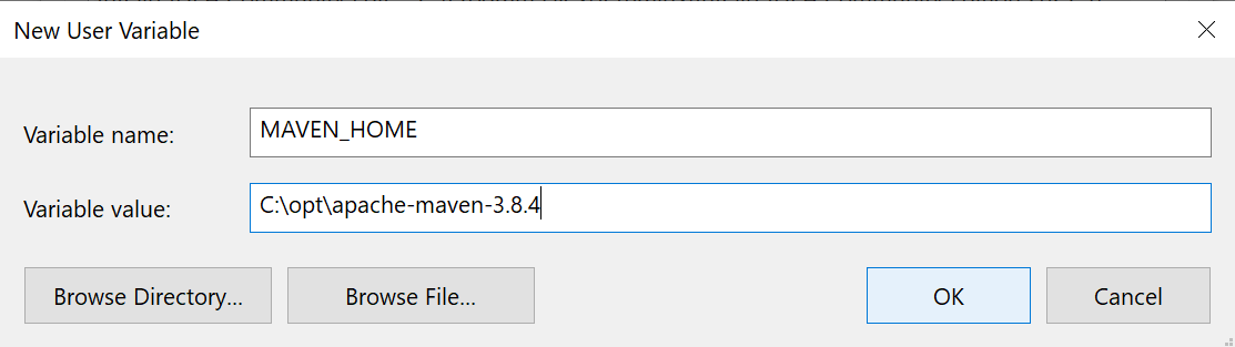 A screenshot displays the New User Variable screen with the provided variable names entered.