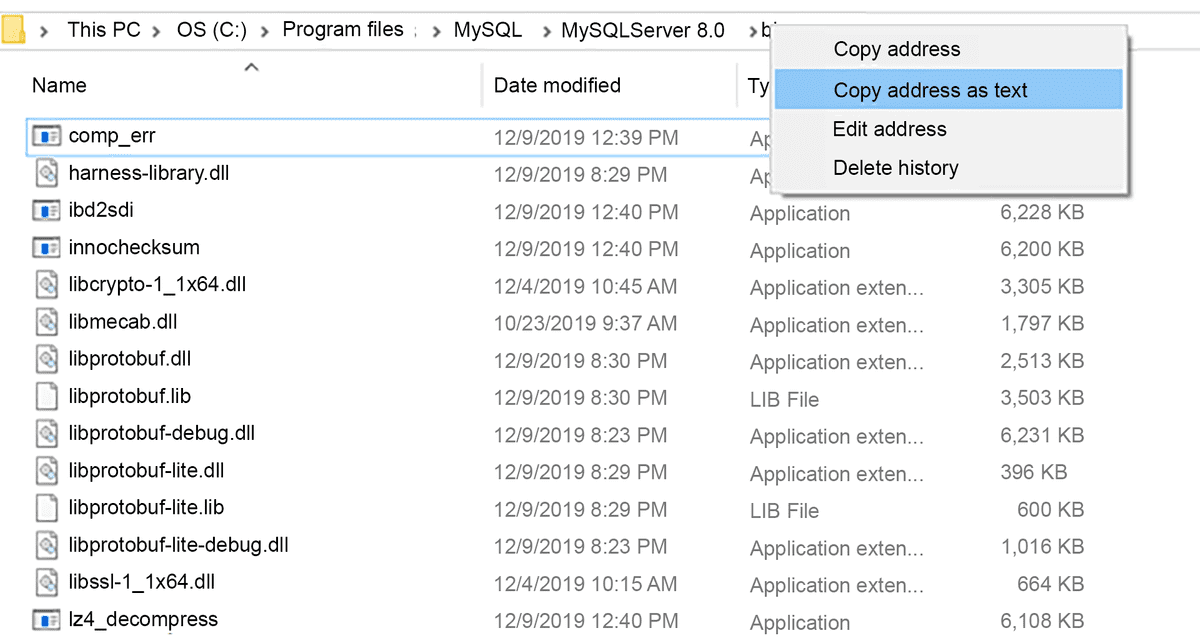 A screenshot displays the MySQL bin address, with "Copy address as text" selected.