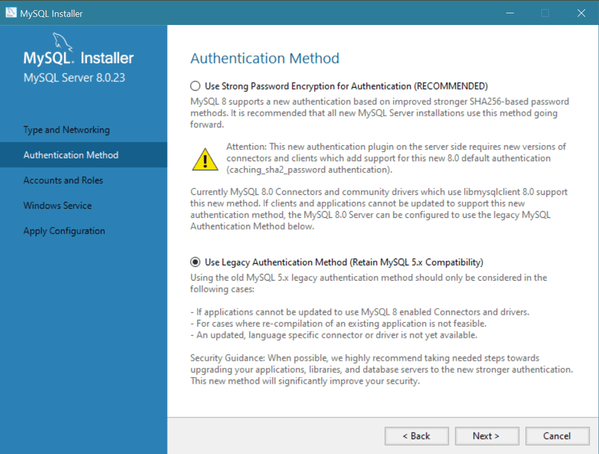 A screenshot displays the MySQL Installer Authentication Method window.