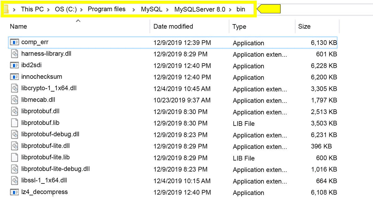 A screenshot displays the MySQL Server 8.0 bin.