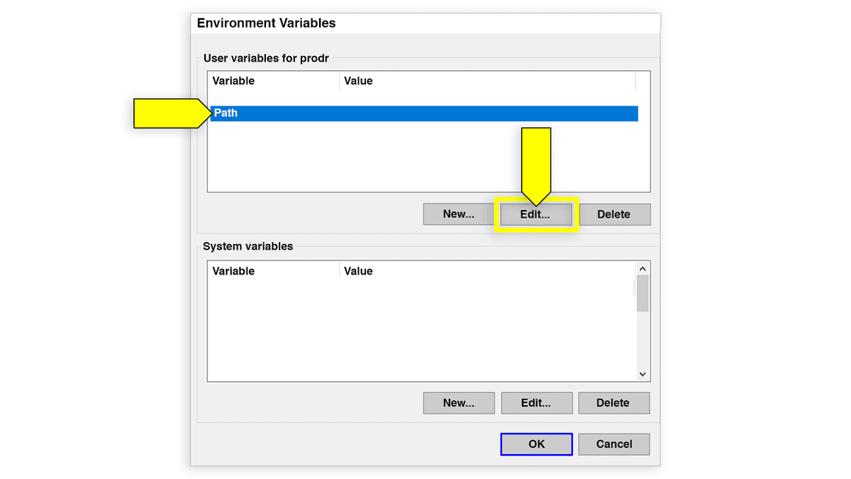 A screenshot displays the Environment Variables window, with Path and Edit highlighted.