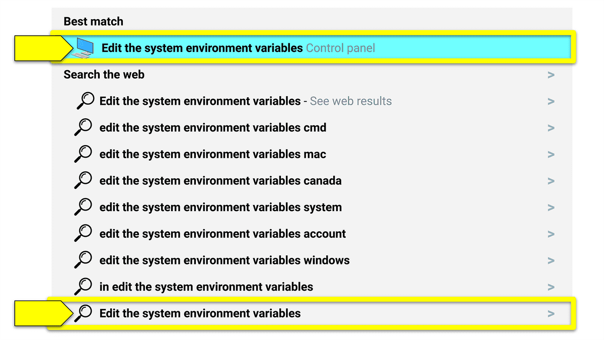 A screenshot displays search results for "Edit the system environment variables."