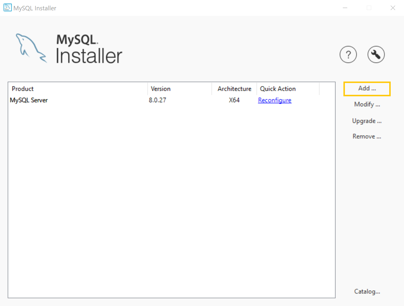 A screenshot displays the MySQL Installer, with Add highlighted.
