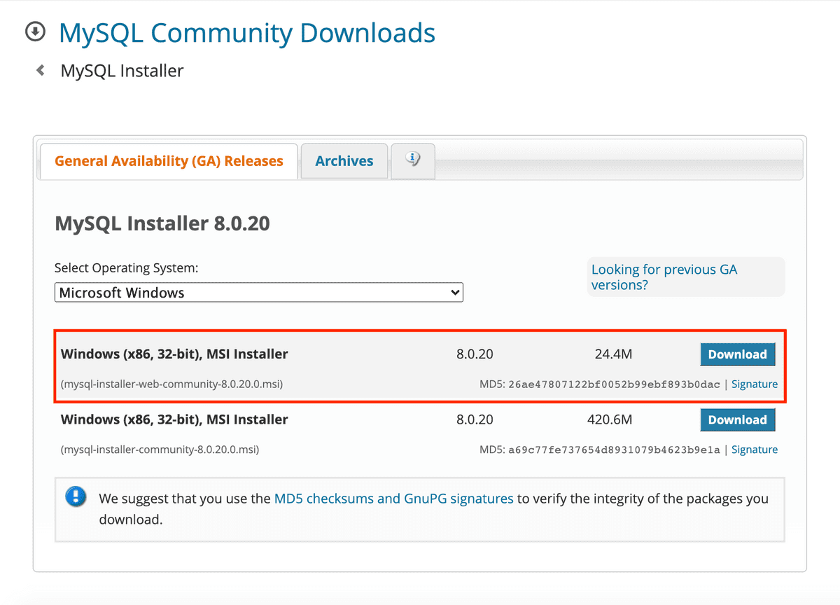 A screenshot displays the MySQL Community Downloads page, with the smaller file size option highlighted.