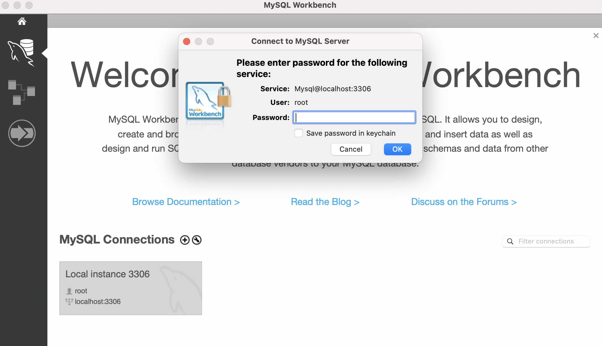 A screenshot displays the MySQL Workbench login window.
