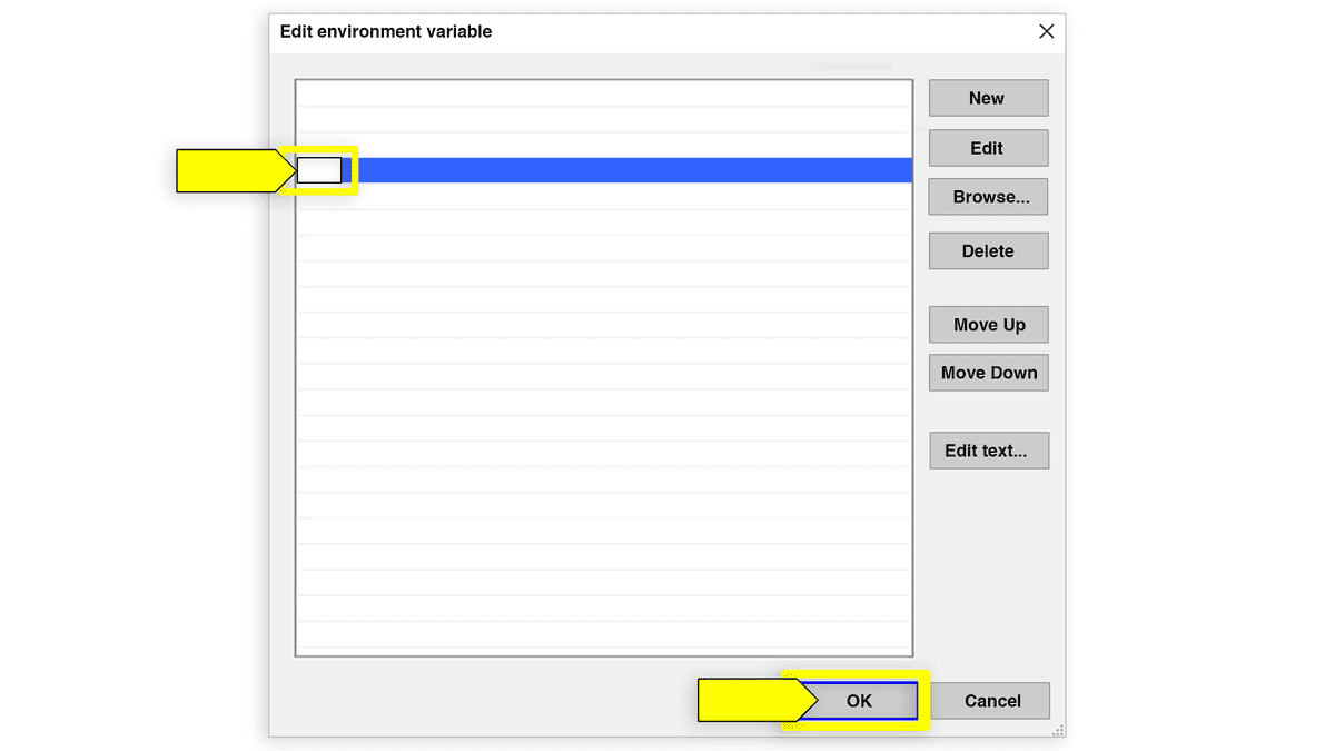 A screenshot displays the "Edit environment variable" window, with a blank box highlighted.