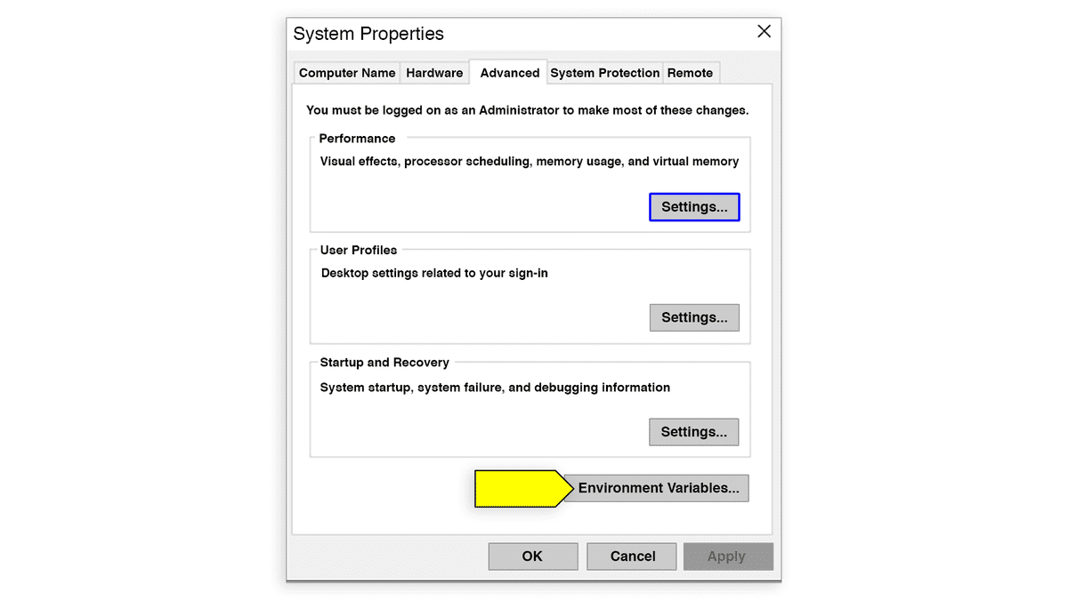 A screenshot displays the System Properties window, with an arrow pointing to the Environment Variables button.