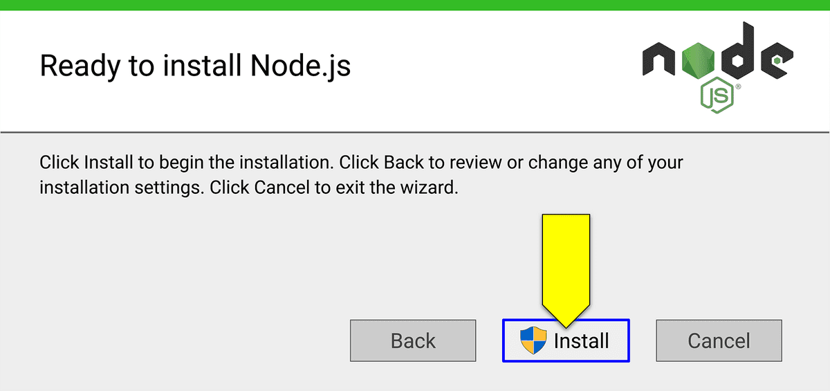 A screenshot displays an installation window for Node.js, with the Install button highlighted.
