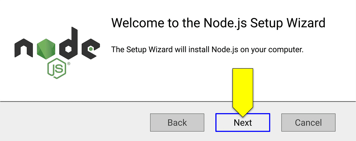 A screenshot displays an installation window for Node.js, with the Next button highlighted.