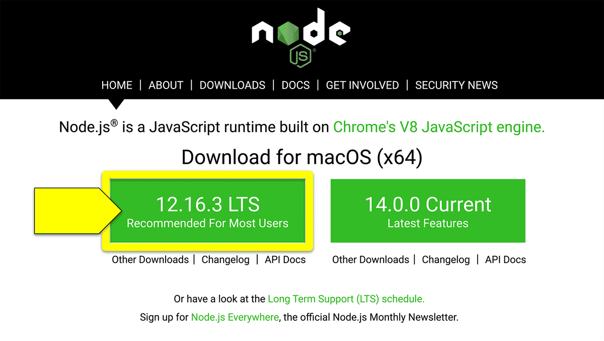 A screenshot displays the Node.js download options for macOS, with the LTS option highlighted.