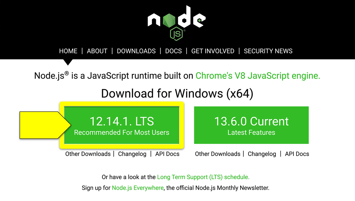 A screenshot displays the Node.js download options for Windows, with the LTS option highlighted.