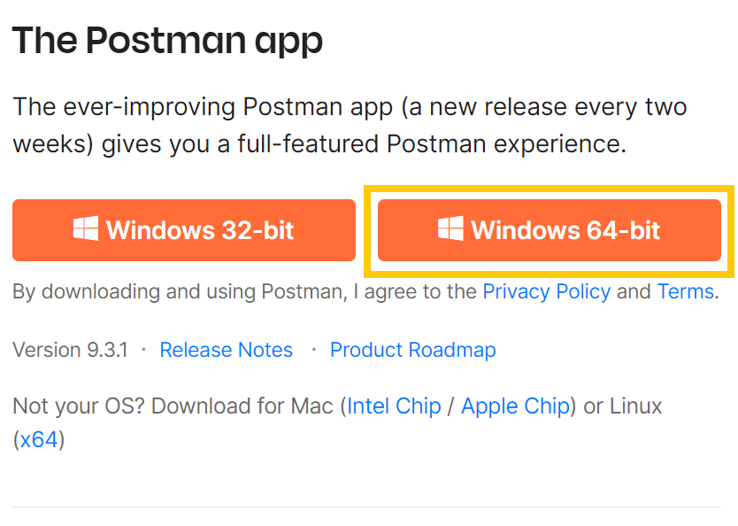A screenshot displays the Postman downloads page with the Windows 64-bit option highlighted.